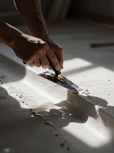 A master craftsman's hands using a steel trowel to finish a wet plaster curve, dramatic side lighting, high contrast white plaster and dark shadows, 35mm