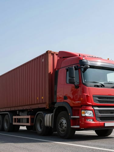 Low-angle heroic shot of a heavy-duty red cargo truck transporting a shipping container on a highway, high-contrast crisp industrial daylight.