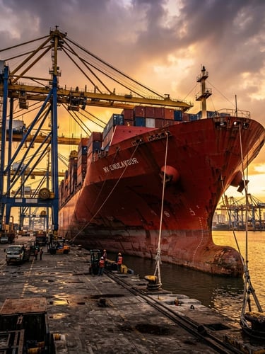 Low-angle heroic shot of a massive red cargo container ship docked at Tanjung Priok port, high-contrast dramatic golden hour lighting, sharp industrial photography