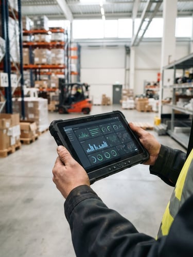Close-up of hands holding a rugged tablet showing a clean operational dashboard in a modern warehouse, bright natural daylight, crisp industrial details, 35mm