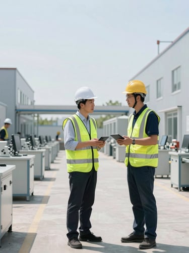 Wide shot of an operations engineer in a high-visibility vest talking with a technician on a factory floor, clear daylight, cool tones, industrial background, 35mm