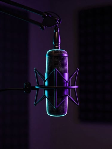 Low-key, high-contrast photograph of a professional podcast microphone on a boom arm, glowing cyan and purple neon rim lights defining its silhouette, dark acoustically treated studio background, cinematic atmosphere.