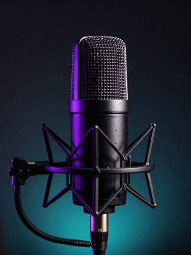 High-contrast low-key photography of a professional podcast microphone with neon purple rim light, dark studio background with subtle cyan ambient glow, sharp focus.
