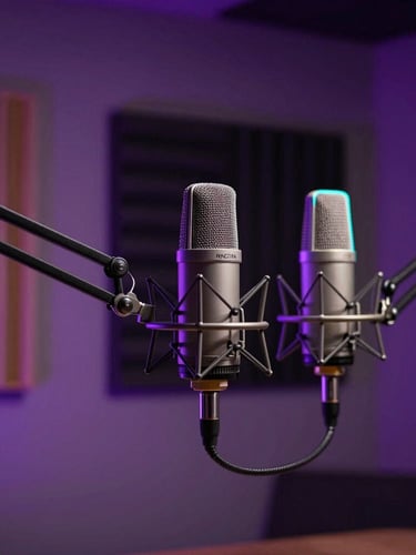 A professional podcast studio recording setup, dynamic neon purple and cyan rim lighting, high-end microphones on boom arms, acoustic panels in the background, low-key atmospheric lighting