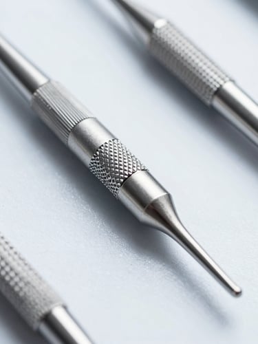 Extreme macro detail shot of matte-finish titanium dental instruments on a sterile white surface, cool clinical light, sharp shadows, high-key studio lighting