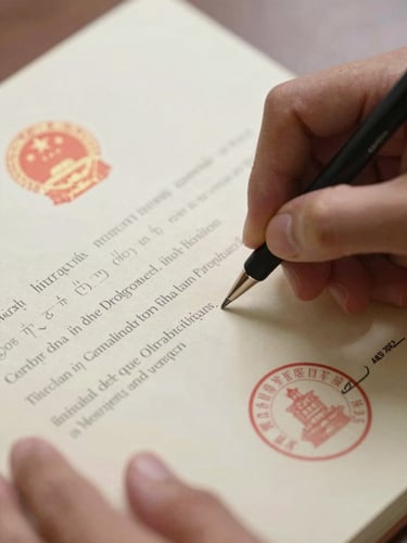 Macro close-up of hands reviewing a physical land title deed with official government seals, warm side lighting, sharp focus on the textured paper.
