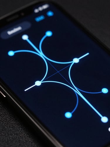 Extreme macro close-up of a high-resolution OLED mobile screen showing fluid vector lines of a custom UI physics model, electric blue accents, low-key lighting, 35mm