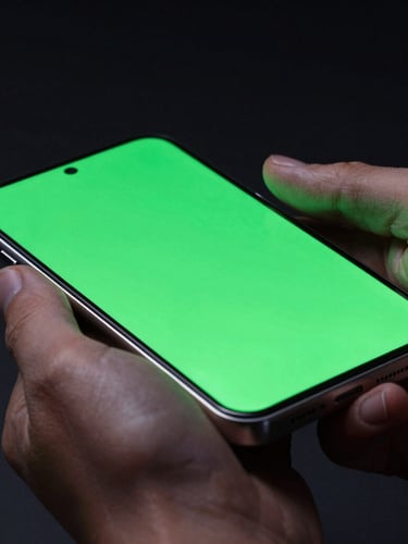 Low-key dramatic studio shot of a developer's hands holding a modern Android device, vibrant neon green screen glow reflecting off metallic edges, macro lens, 35mm