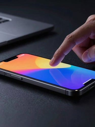 Low-key dramatic studio shot of a developer's hands interacting with a physical Android device, vibrant OLED screen glow reflecting off metallic and glass surfaces, macro lens