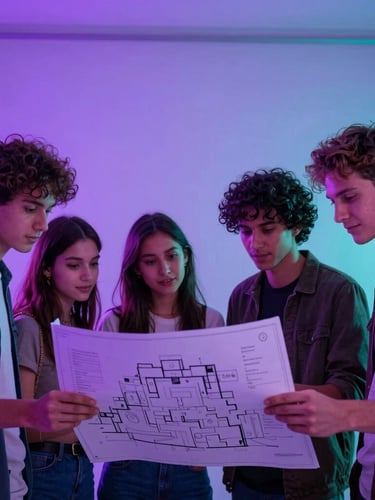 A warm-toned candid portrait of four young creative event organizers looking over blueprints in a studio with neon purple and cyan backlighting, authentic and friendly, 35mm