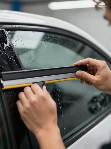 Hands of a technician applying ceramic window tint to a car window with a squeegee, clean shop lighting, water droplets visible