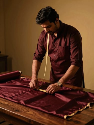 A master Indian tailor measuring rich maroon silk fabric on a dark wooden table, dramatic side lighting, warm gold tones