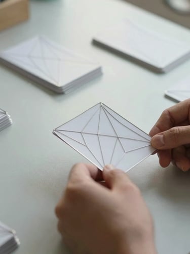 A close-up macro shot of hands organizing clean geometric wireframe cards on a light gray architectural table, soft diffused natural morning light, highly focused composition.