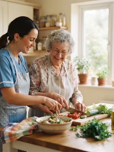 Medium shot of a professional caregiver and a senior woman preparing a light meal together in a bright, sunlit kitchen, soft natural window lighting, shallow depth of field, authentic 35mm photography