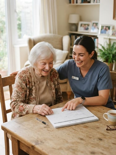 A bright, warm living room with soft natural window light. A professional caregiver in a slate blue top is sitting next to an elderly woman, sharing a lighthearted moment while reviewing a calendar together on a wooden table. Authentic 35mm, shallow depth of field.