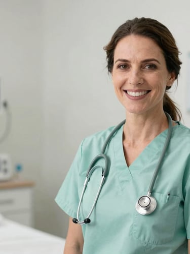Dra. Alice Breda de Jesus, médica, sorrindo gentilmente em um ambiente clínico limpo, luz natural suave, vestindo jaleco, com um estetoscópio no pescoço. Foco em seu rosto e parte superior do corpo, com um fundo desfocado de um consultório moderno. A imagem deve ter um aspecto de retrato, com espaço negativo para a esquerda.