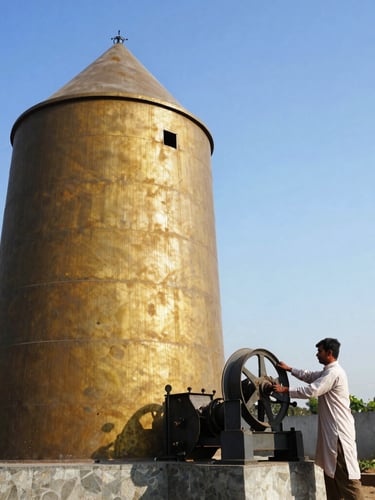 Crisp industrial portrait of a solar-powered flour mill in rural Uttar Pradesh, a local operator adjusting the machinery, bright direct sunlight, high-contrast blue and amber tones, 35mm