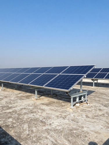 Wide-angle industrial rooftop solar installation in Kanpur, bright direct Indian sunlight, heavy-duty mounting structures on a concrete factory roof, clear blue sky