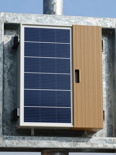 Close-up of a heavy-duty industrial solar inverter and variable frequency drive unit mounted on a robust galvanized steel structure, bright direct sunlight, sharp focus