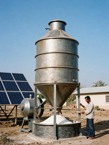 Crisp industrial photography of a rural Indian entrepreneur operating a heavy-duty flour mill powered by solar panels under bright direct sunlight, 35mm