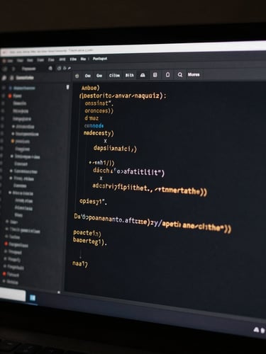 A close-up of a clean code editor on a dark screen with glowing amber syntax highlighting, minimalist desk setup in Barcelona, cinematic depth of field