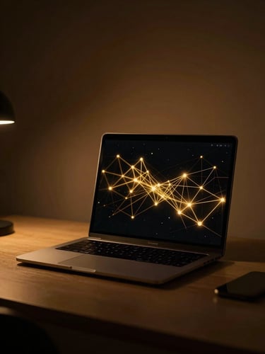 A minimalist workspace in Barcelona at night, a single laptop open showing abstract golden node connections on screen, warm amber ambient backlighting