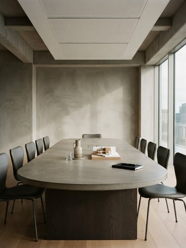 Minimalist editorial photography of a quiet, architectural corporate boardroom with soft indirect daylight casting subtle shadows on warm gray concrete walls, 35mm.