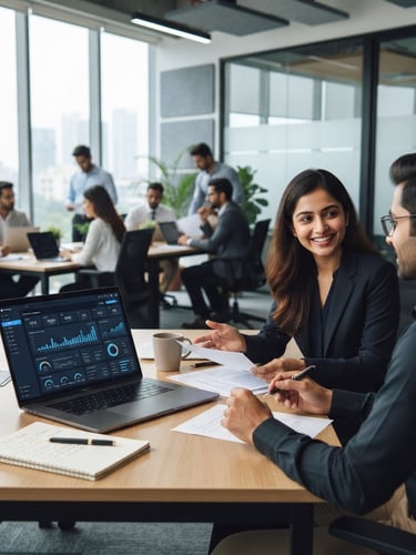 Medium close-up of a modern office in Gurugram, bright natural daylight, a clean desk with a laptop displaying a financial dashboard, professional CAs collaborating in the soft-focus background.