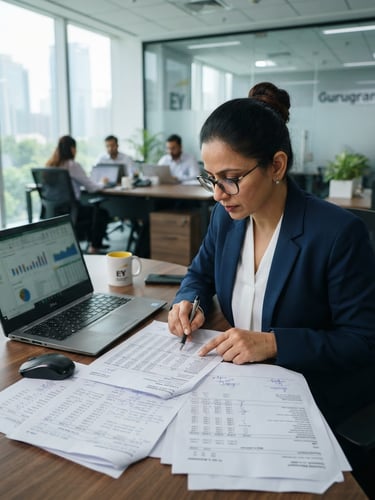A medium close-up of a professional Chartered Accountant analyzing financial sheets in a bright, modern Gurugram office, soft daylight, cool corporate tones