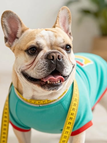 Close-up of a happy French Bulldog wearing a colorful custom teal shirt, being measured gently with a soft yellow tailor tape, warm natural daylight, soft focus background