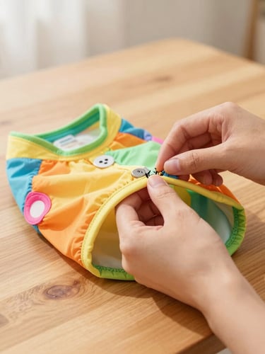 Hands of an artisan carefully sewing a colorful pet shirt on a wooden table, soft warm light