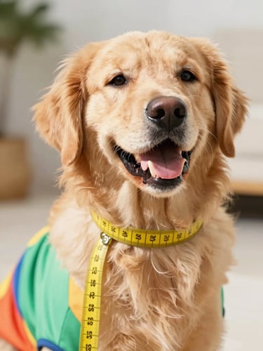 Close-up of a happy golden retriever being measured with a soft yellow tape measure, bright natural daylight, soft focus background