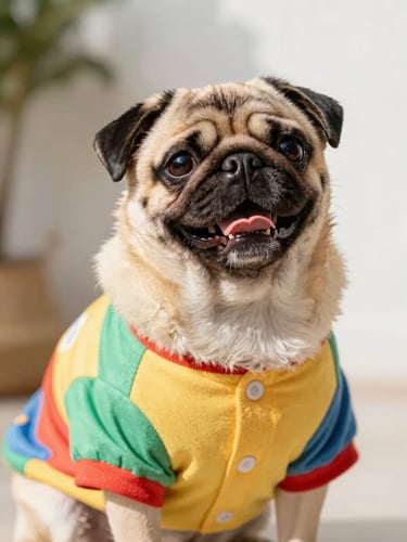 A happy pug wearing a colorful custom shirt, eye-level shot, bright daylight, soft focus background