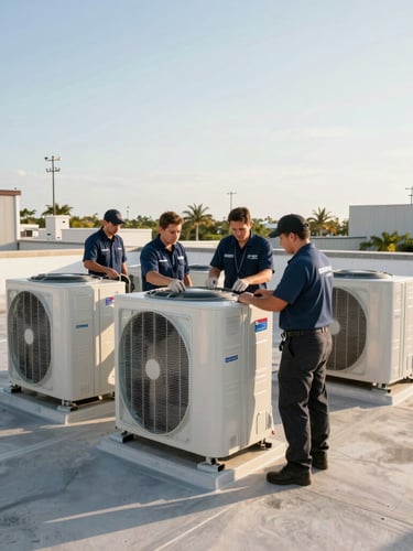 Wide shot of BIPRO INC. certified technicians in uniform, working on a commercial HVAC system on a rooftop at golden hour, bright natural Florida daylight, wide-angle lens, realistic depth of field