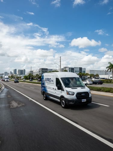 Wide environmental shot of a branded BIPRO INC. fleet vehicle, clean and modern, driving on a commercial road under bright natural Florida daylight, low horizon, expansive sky, high-contrast clean tones.
