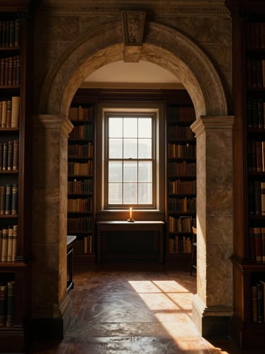 Symmetrical composition of a classical stone archway leading into a quiet library, warm candlelight casting long shadows, dramatic chiaroscuro, 35mm