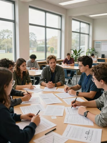 Wide environmental shot of a community classroom space, natural north-facing daylight diffused through tall windows, educators and adult learners gathered around a shared table covered in papers and planning materials, hands visible mid-gesture, place and context clearly legible, no posed portraits