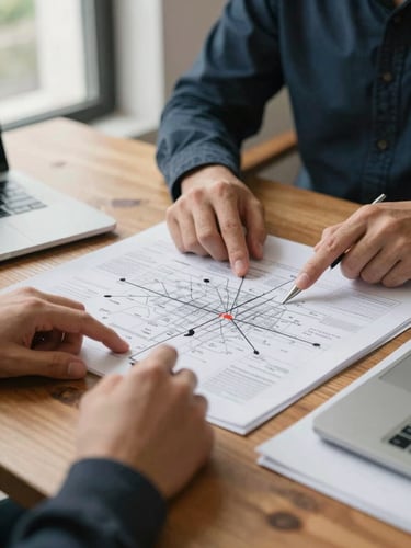 Close wide shot of two people at a wooden table co-planning a program map, one hand pointing to a printed framework document, the other holding a pen mid-annotation, diffused natural daylight from a window to the left, papers and a laptop visible at the table edge