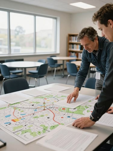 Wide environmental shot inside a community learning center, two adults co-planning over a large table covered with documents and annotated maps, diffused north-facing window light filling the room, hands visible mid-gesture, chairs and bookshelves receding into background—context and place fully readable