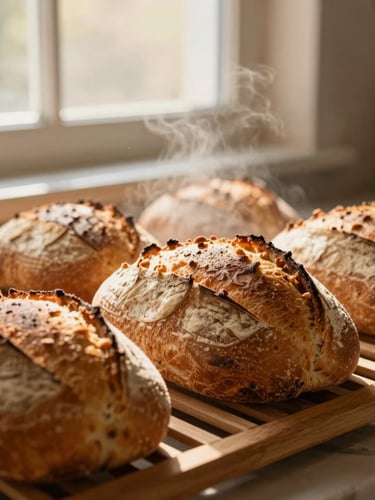 Close-up of golden-brown sourdough loaves cooling on a wooden baker's rack, steam rising gently in warm morning window light, rustic farmhouse kitchen atmosphere, 35mm.