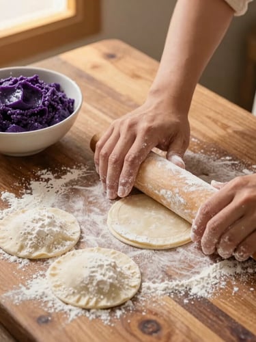 Overhead shot of hands dusting flour onto a rustic wooden counter, rolling out fresh lumpia wrappers beside a bowl of rich purple ube filling, warm side-lighting.