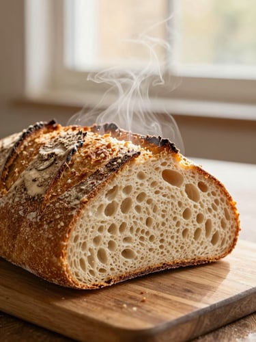 Close-up of steam rising from a freshly sliced loaf of slow-fermented artisan sourdough on a wooden board, shallow depth of field