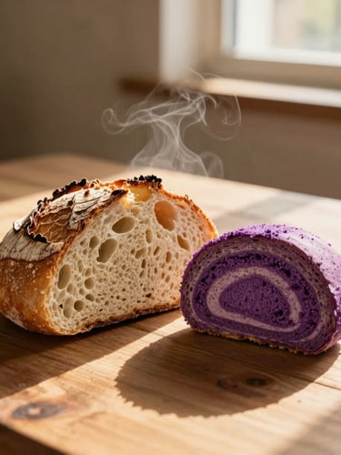 Close-up of a rustic sourdough boule sliced open next to a vibrant purple ube roll, steam rising softly, warm golden-hour window light casting long shadows on a wooden farmhouse table.
