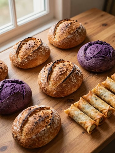 Overhead shot of a rustic wooden table filled with golden sourdough loaves, purple ube bread, and crisp lumpia rolls under warm window light, 35mm
