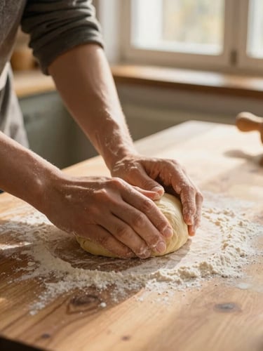 Hands kneading soft dough on a flour-dusted wooden farmhouse table, warm morning light streaming through a window, rustic kitchen setting