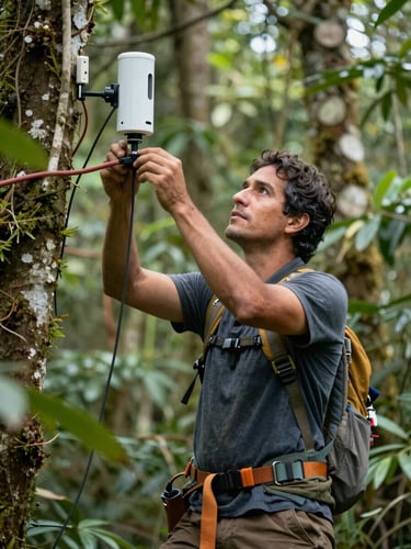 A local Colombian botanist installing a biophysical monitoring sensor in a high forest canopy, rugged harness, natural daylight.