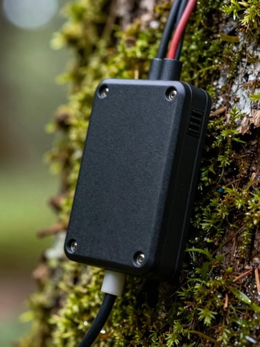 Extreme macro close-up of a rugged telemetry sensor node strapped to a mossy Andean tree trunk, visible wiring, matte black casing, soft green forest light.