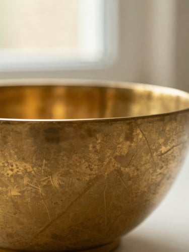 Macro detail of unlacquered sand-cast brass bowl, showing rich golden metallic texture and cooling lines, soft morning window light, warm plaster backdrop, shallow depth of field, 35mm photography