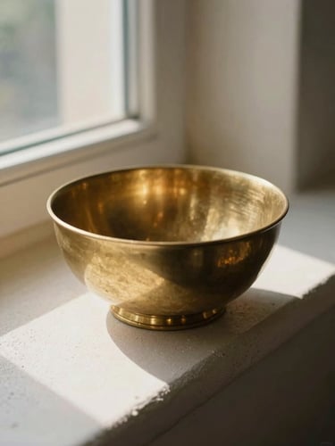 Macro photograph of a heavy unlacquered brass bowl resting on a textured plaster ledge, soft morning window light casting long shadows, 35mm