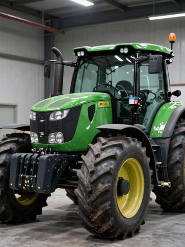 Crisp industrial photography of a reconditioned heavy green tractor with integrated digital sensors, parked inside a clean modern workshop, dramatic high-contrast daylight, 35mm